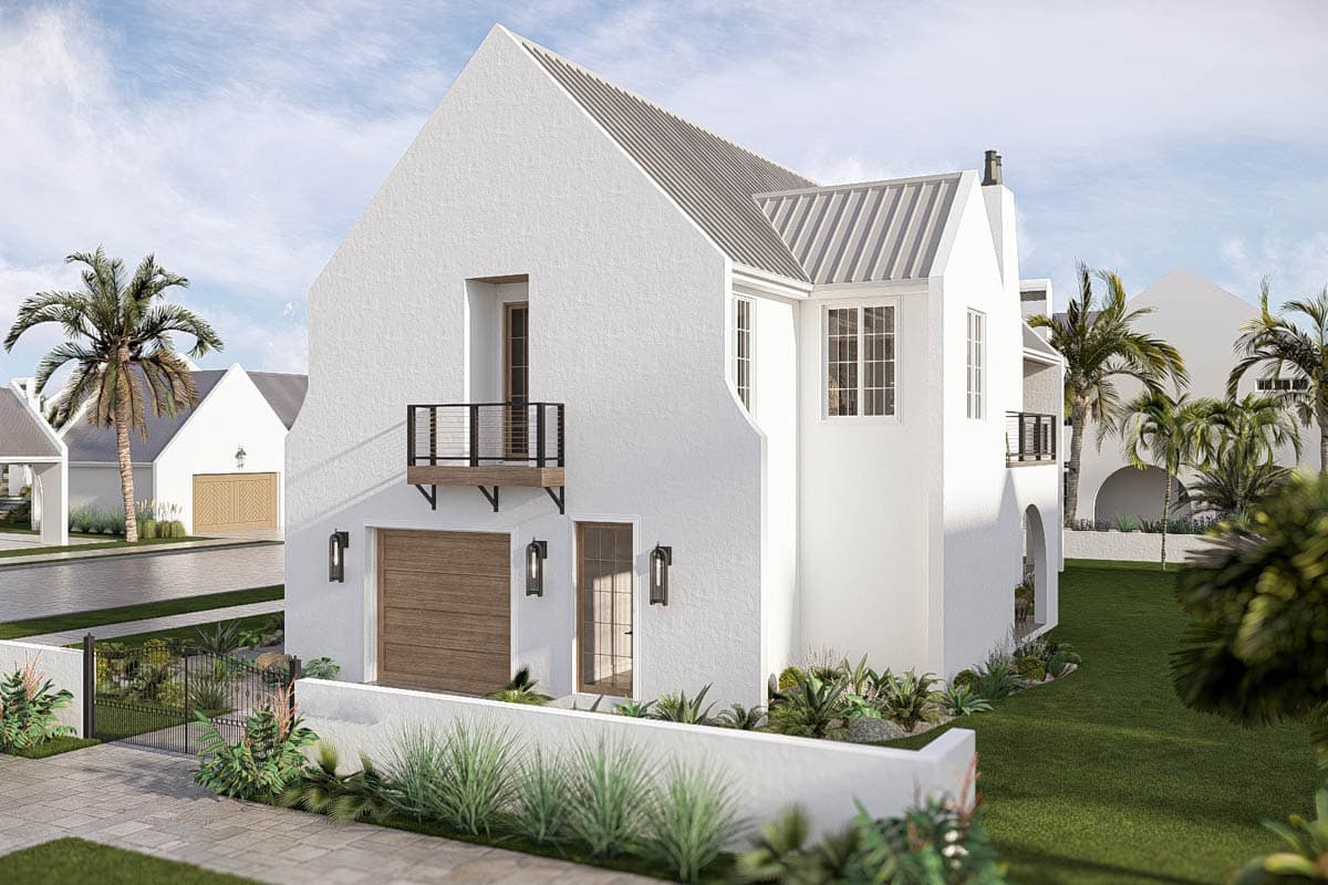 House plan exterior of two-story home with stucco walls, gabled roof, balcony, and wood garage door.