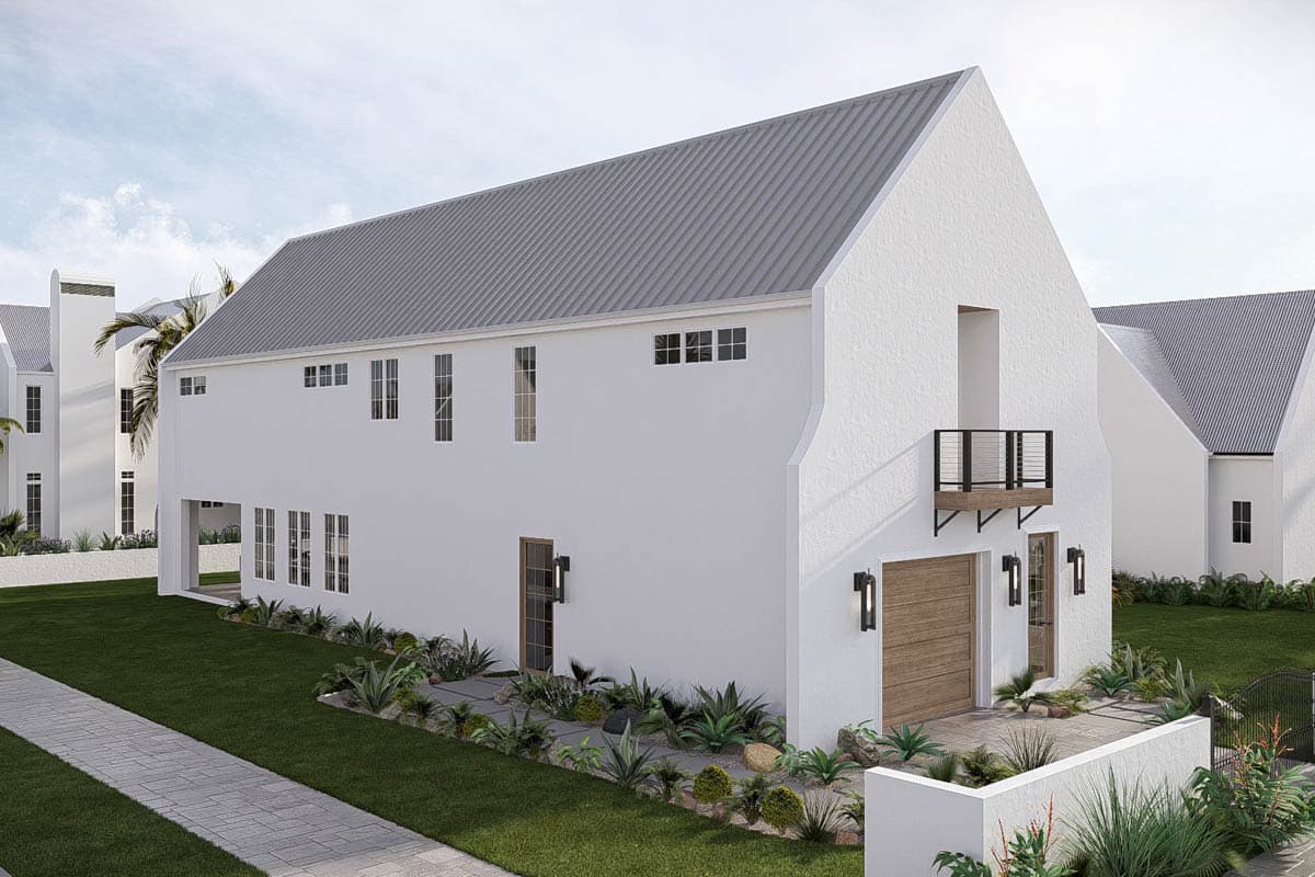Modern house plan exterior with steep gable roof, stucco finish, wood garage door, and second-story balcony.
