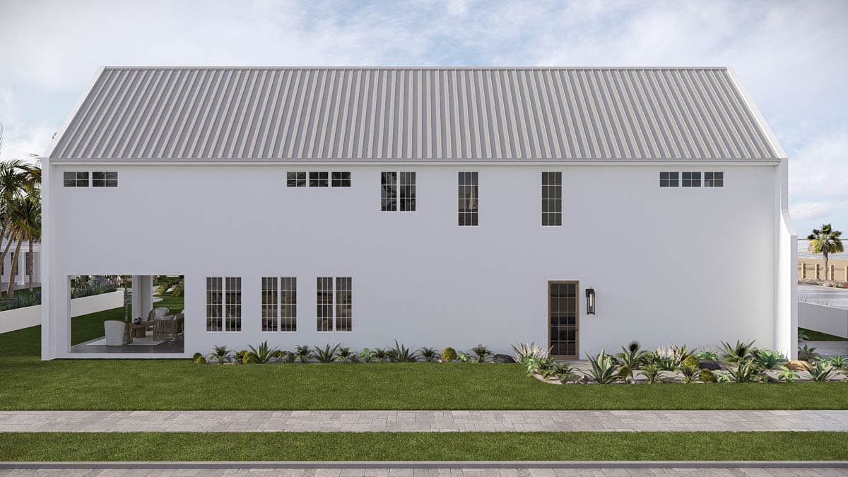 House plan exterior: Two-story modern home with a standing seam metal roof, large white stucco facade, and multiple window arrangements.