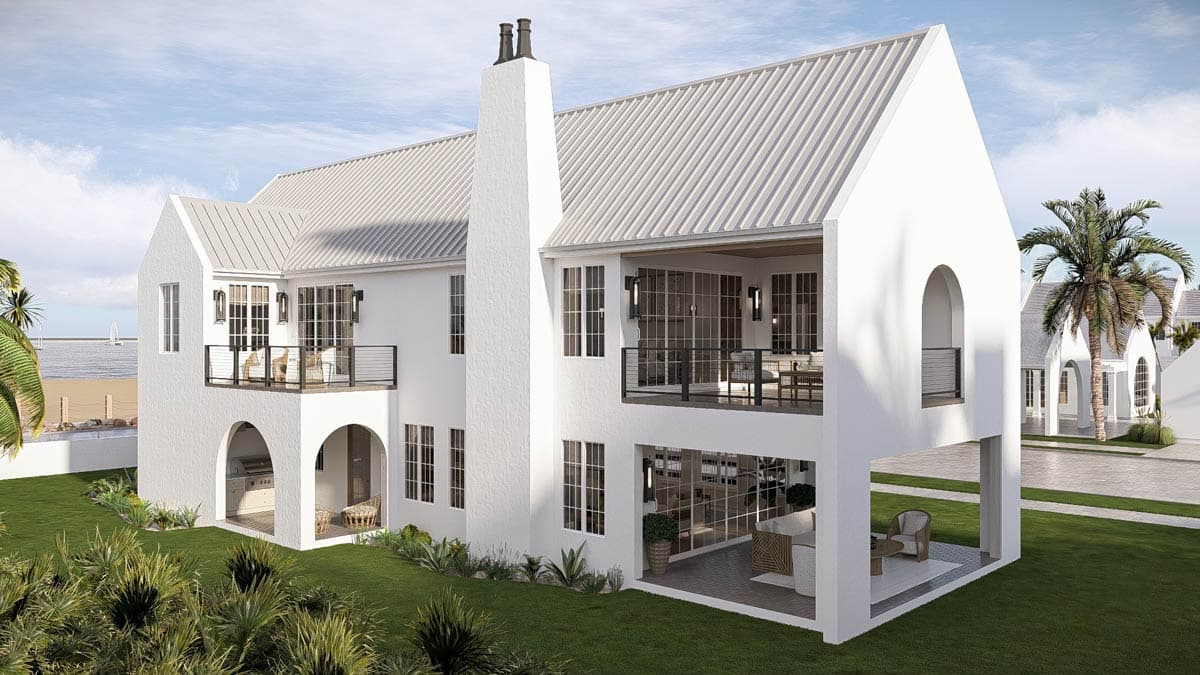 House plan exterior of a two-story home with a metal roof, gables, large windows, balconies, and an arched outdoor kitchen.