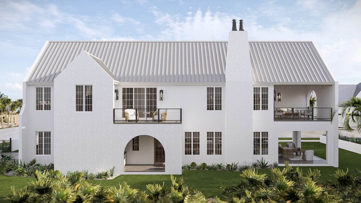 Modern house plan exterior with stucco finish, metal gable roof, balcony, arched entry, and large windows.