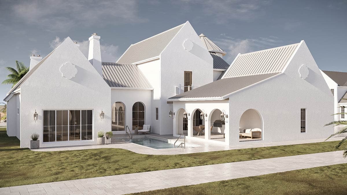 House plan exterior rendering of a stucco home with metal roofs, arched windows, covered loggias, and a swimming pool.