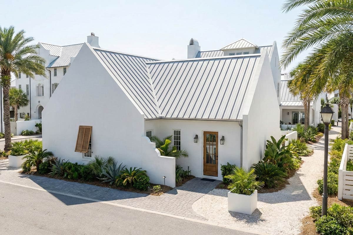House plan exterior with a Modern style, white stucco walls, metal gable roof, and a wooden entry door with glass panes.