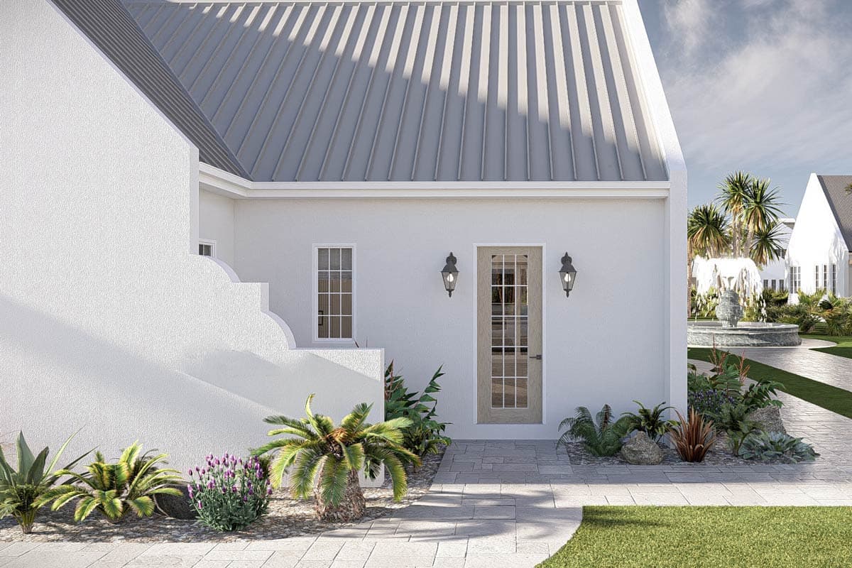 House plan exterior: Modern style, white stucco, metal gable roof, French door, and two windows.