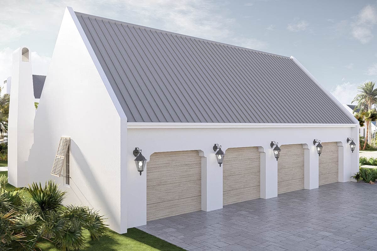 House plan exterior: Garage with four bays, white stucco walls, metal gable roof, carriage lights, and louvered shutters.
