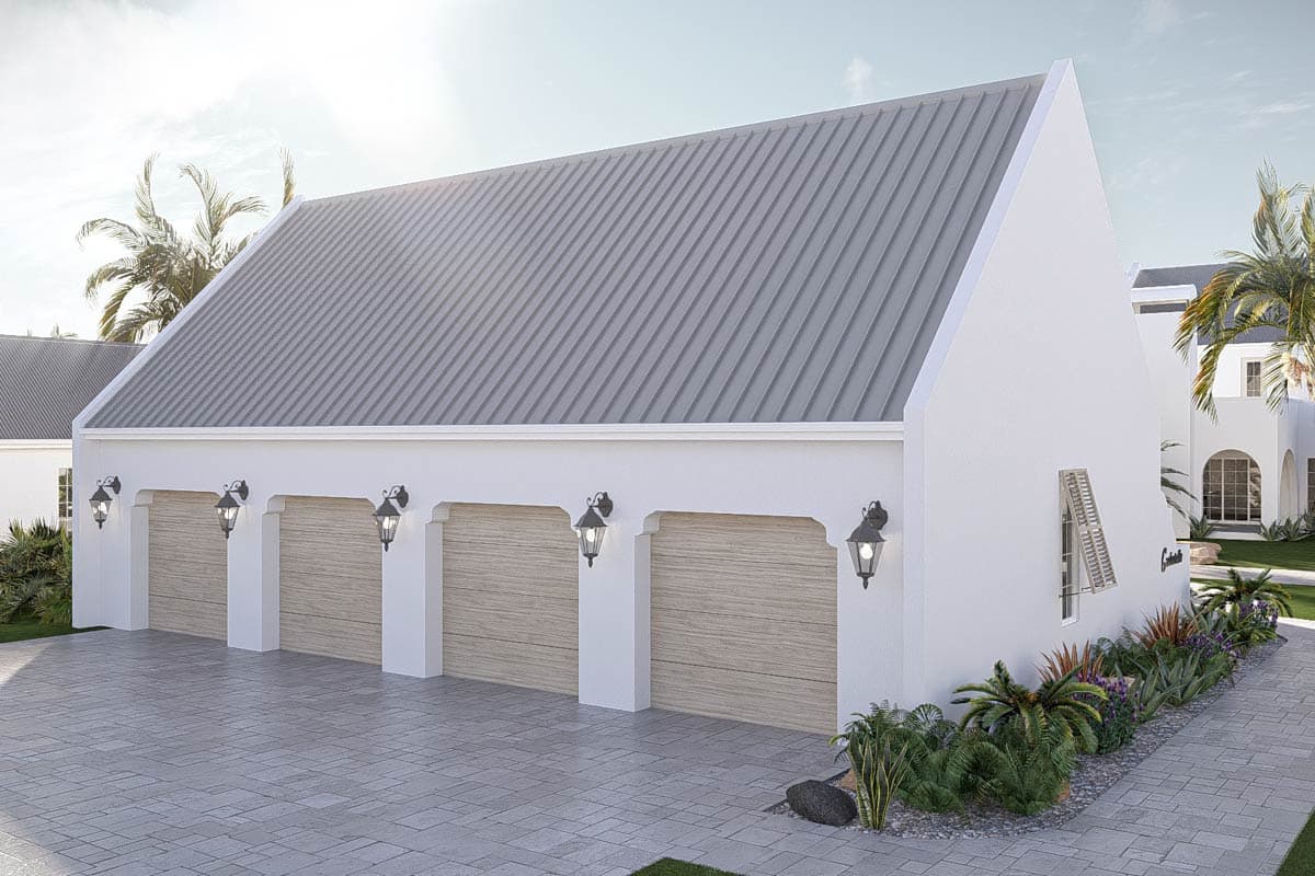 House plan exterior with four garage bays, a standing seam metal roof, and decorative lanterns. Architectural style appears Modern Mediterranean.