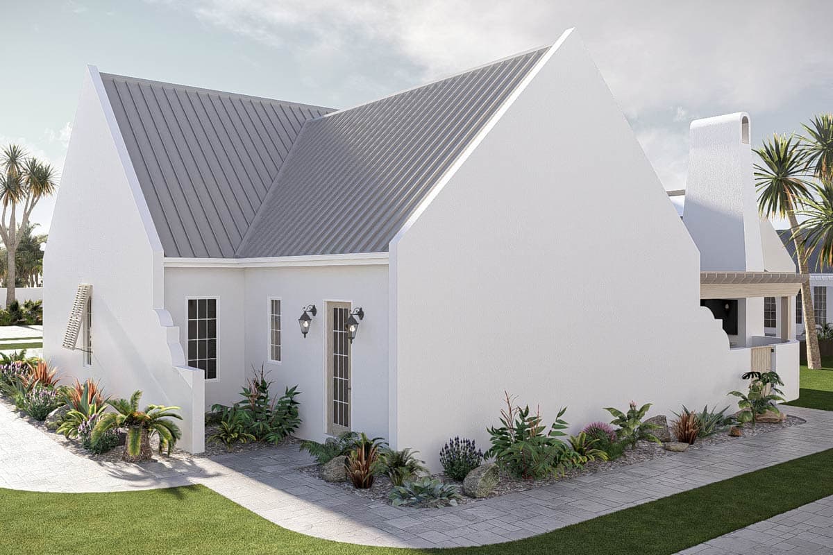 Modern Farmhouse house plan exterior: one story with gabled roof, stucco walls, metal roof, and a prominent chimney.
