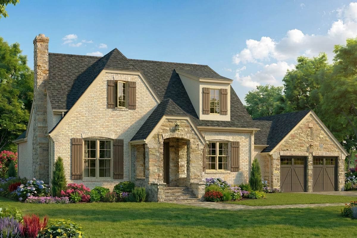House plan exterior: Two-story stone and brick home with a prominent gable, arched entry, dormer window, and attached two-car garage.