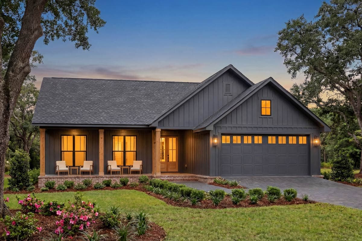 Modern Farmhouse house plan exterior with a covered porch, board and batten siding, and a two-car garage with carriage-style doors.