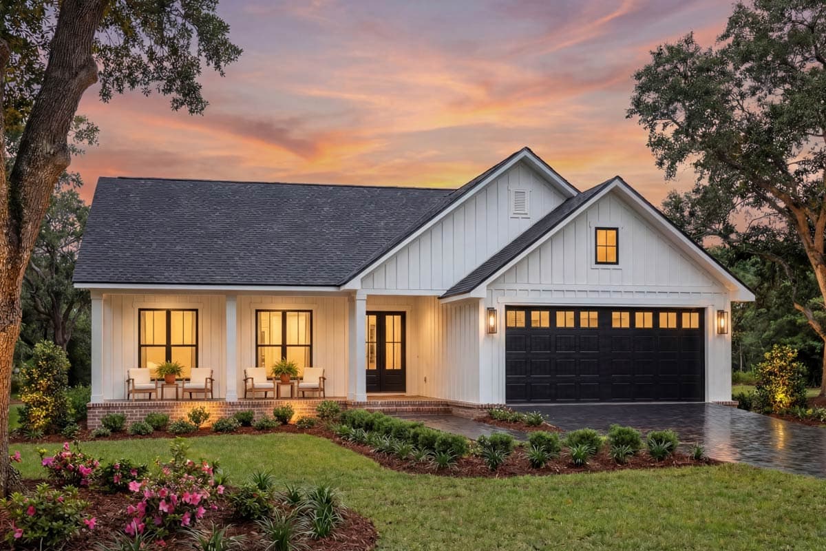 Modern Farmhouse house plan exterior with white board and batten siding, gabled dormer, covered front porch, and attached two-car garage.