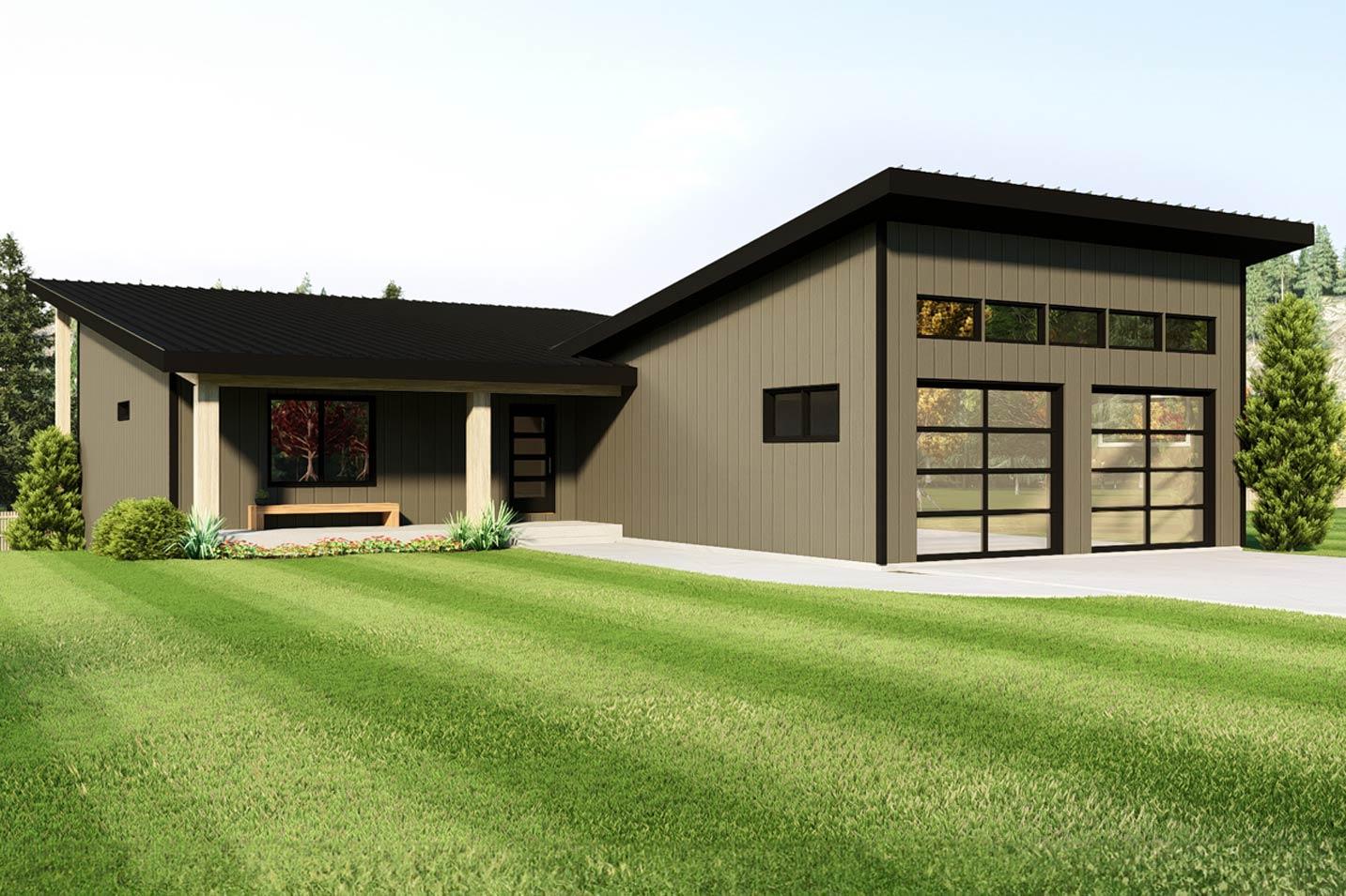 Modern house plan exterior with a low-sloped roof, covered entry porch, and a two-car garage with glass doors.