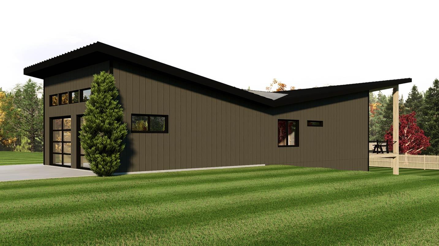Modern house plan exterior with a single story, dark vertical siding, a low-slope roof, and a glass garage door.