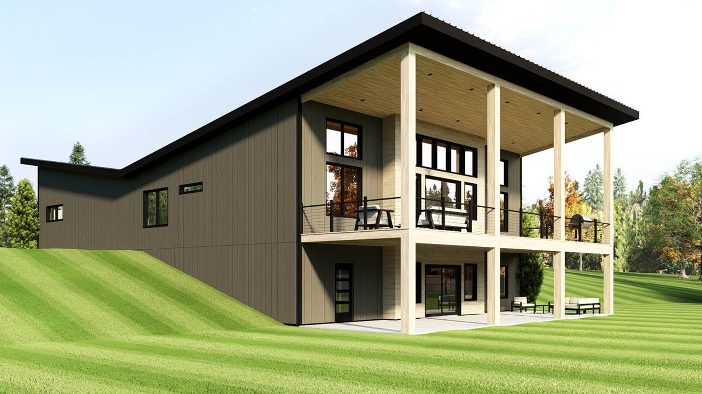 Modern house plan exterior with angled rooflines, two-story covered porch, and multiple balconies.