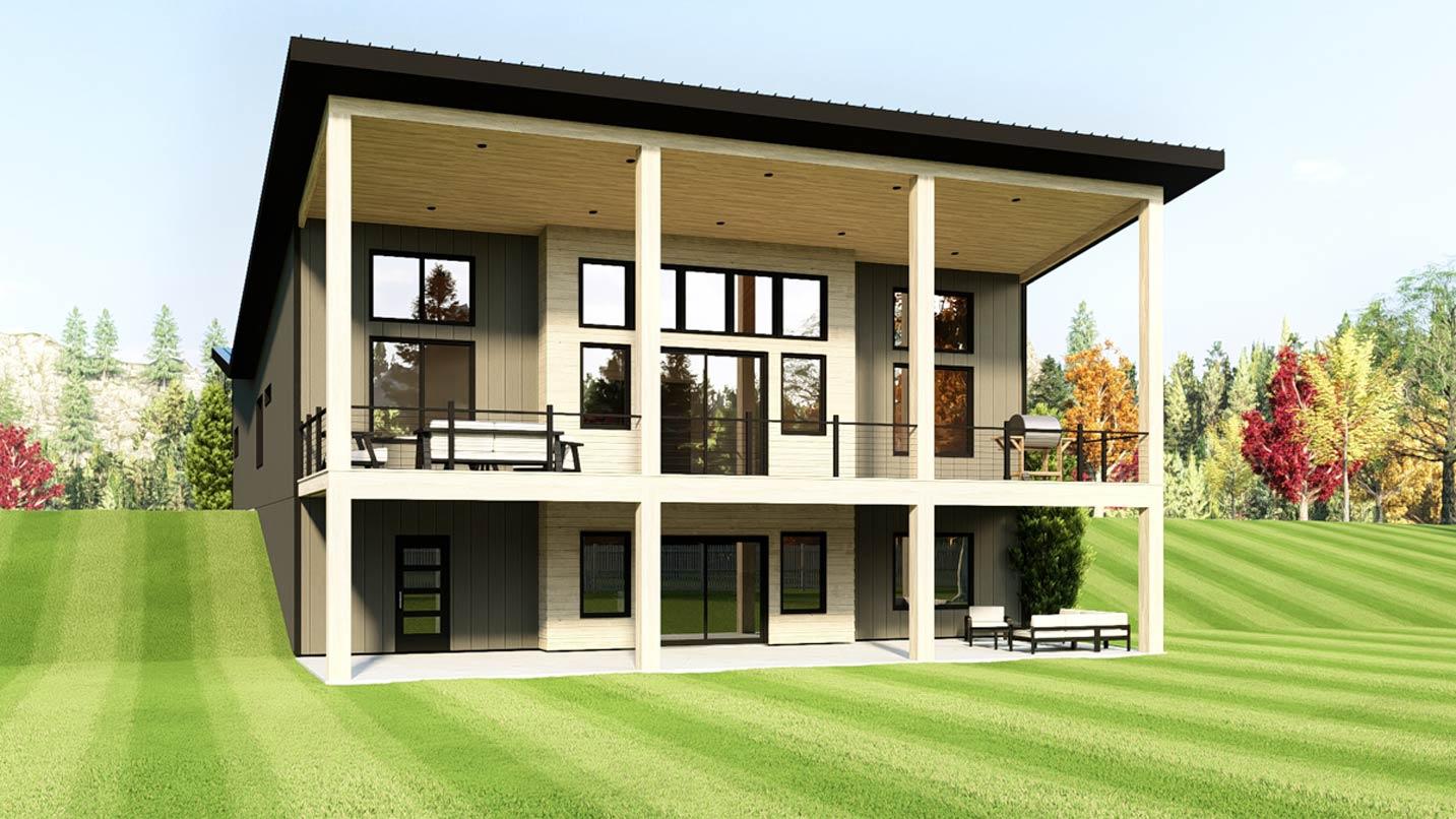 Modern house plan exterior with two stories, covered balconies, expansive windows, and a flat roof.