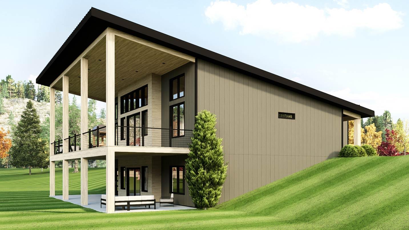 Modern house plan exterior with a sloped roof, expansive covered deck, and two stories of tall windows.