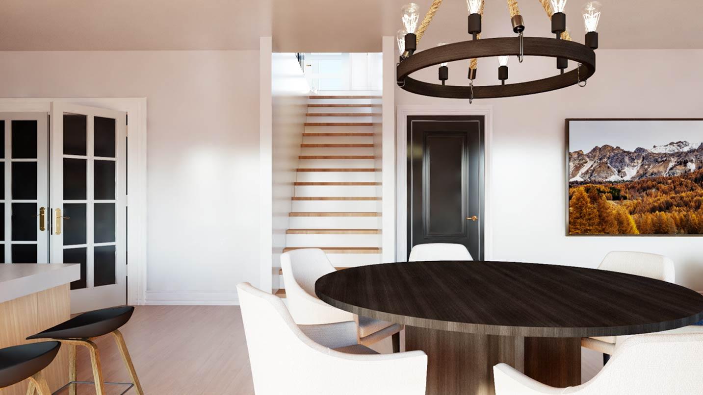 Interior rendering showing dining area with oval table and chairs, staircase, and double doors.
