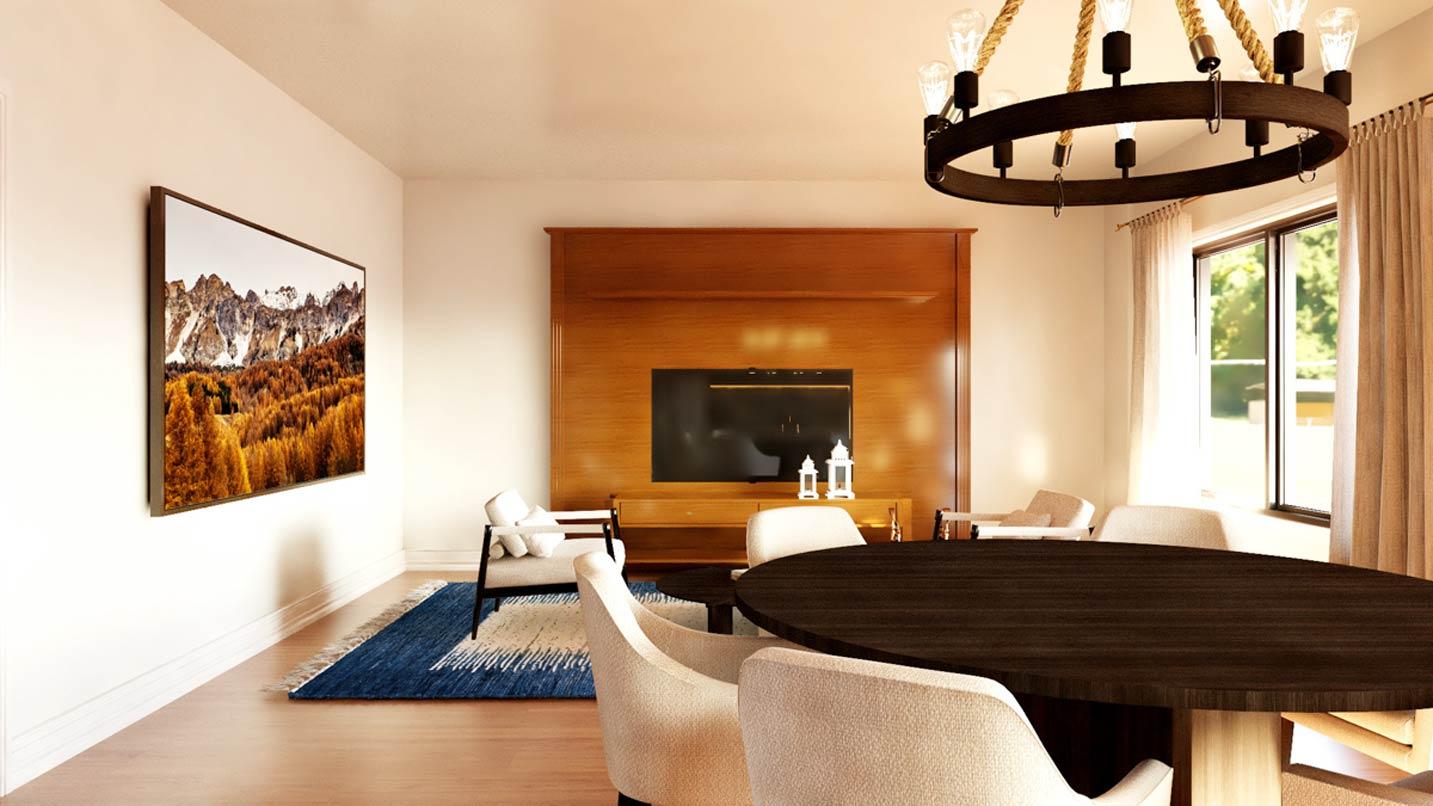 Living and dining area with a wooden accent wall, entertainment center, oval dining table, and large windows.