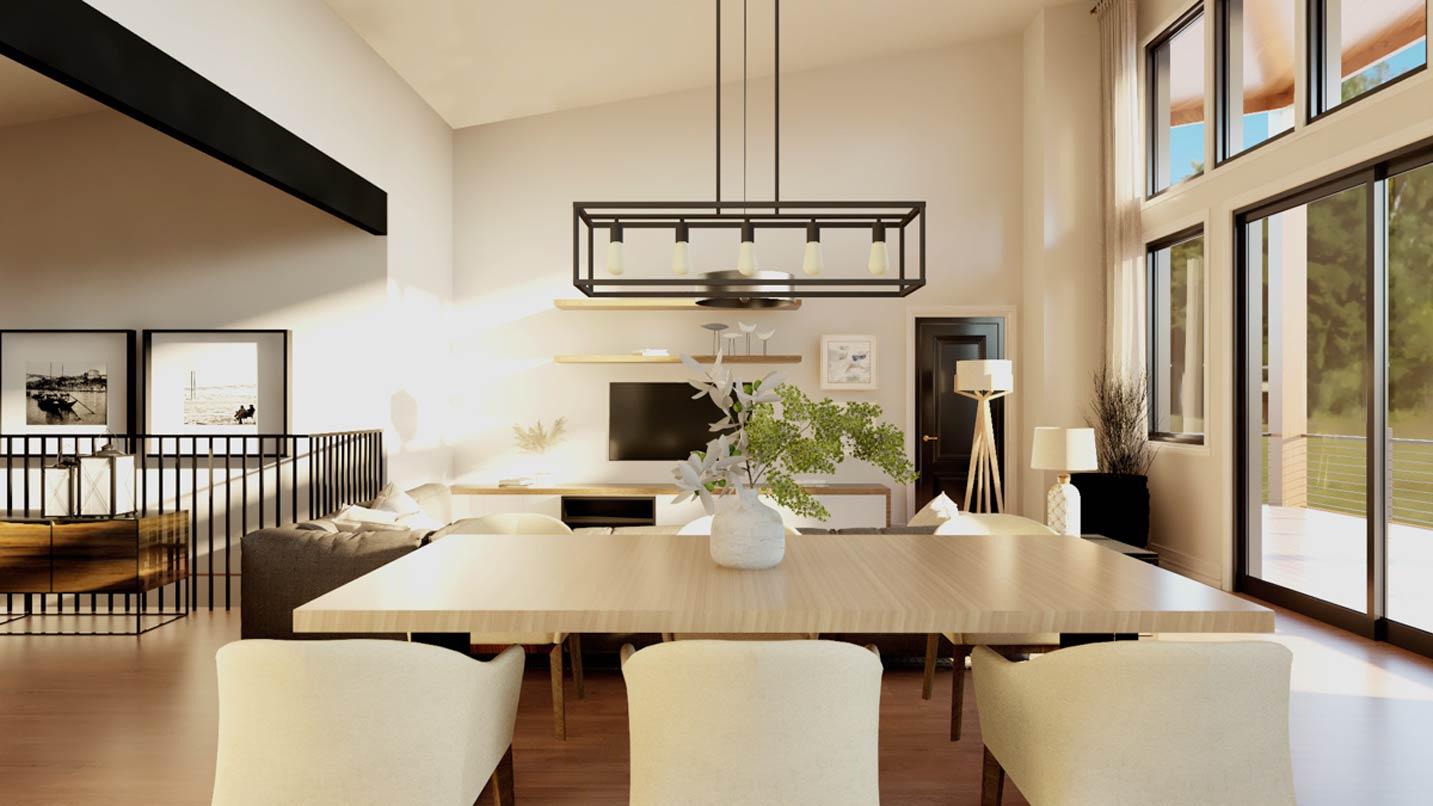 Interior rendering of open-concept living, dining, and entertainment space with vaulted ceiling, large windows, and modern fireplace.