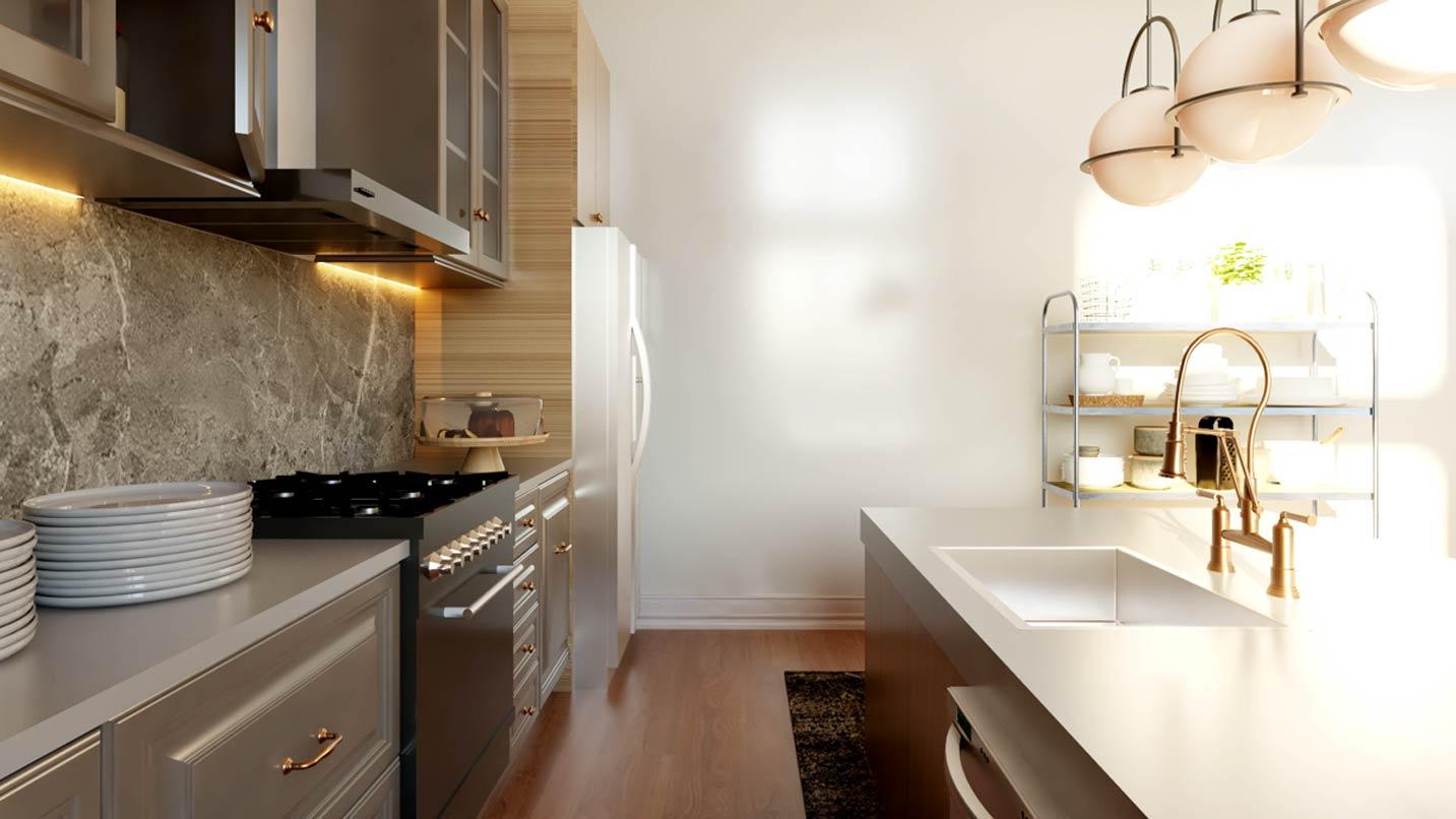 Kitchen rendering with marble backsplash, range, and island sink with bridge faucet. Modern pendant lights overhead.