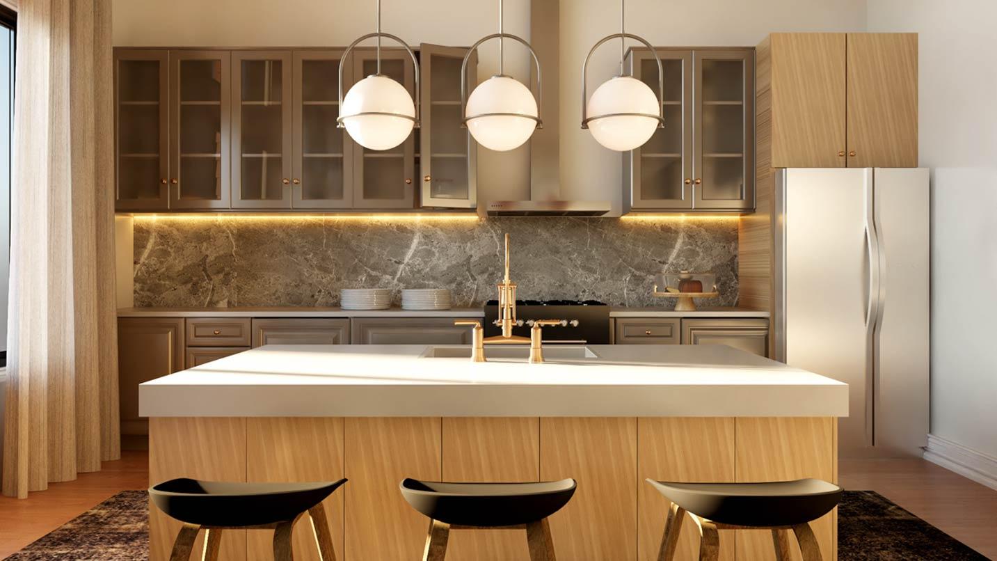 Kitchen interior with island, marble backsplash, gas range, and pendant lighting.
