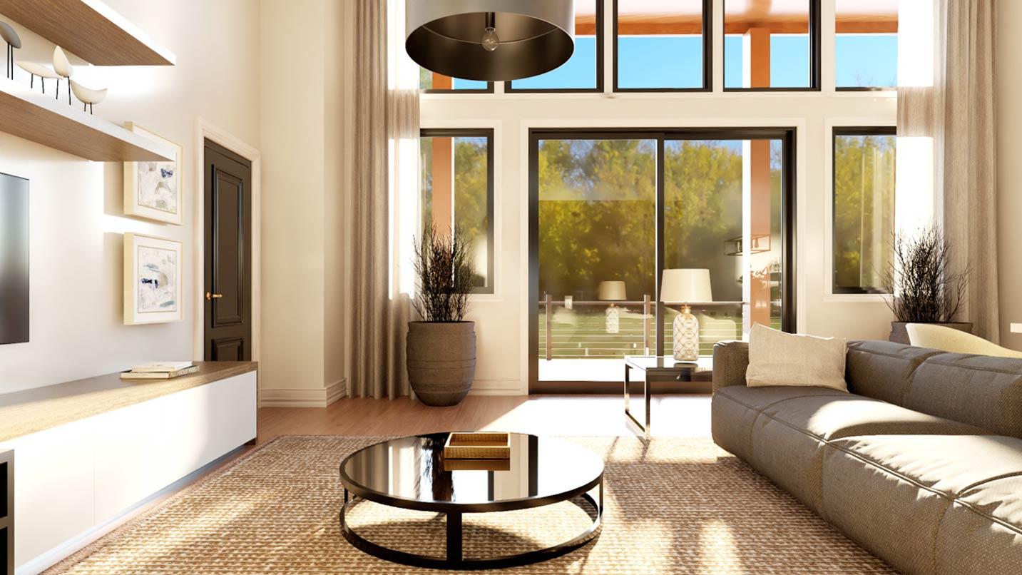 Modern living room interior rendering with large windows, fireplace, open layout, and natural light.
