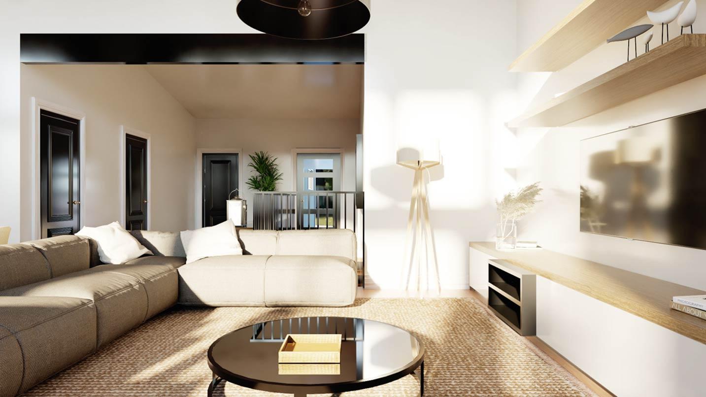 Living room with sectional sofa, coffee table, media console, and multiple doors on left wall.