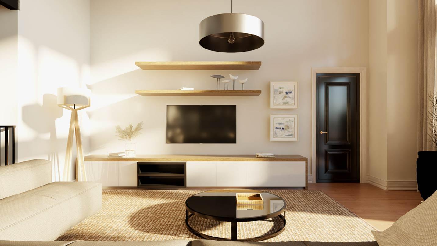Living room with wall-mounted TV, floating shelves, modern media console, wood floor, and black paneled door.