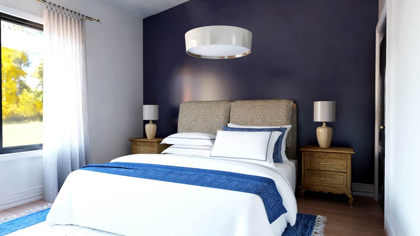 Bedroom with a large window, blue accent wall, textured headboard, pendant light, and wood nightstands.