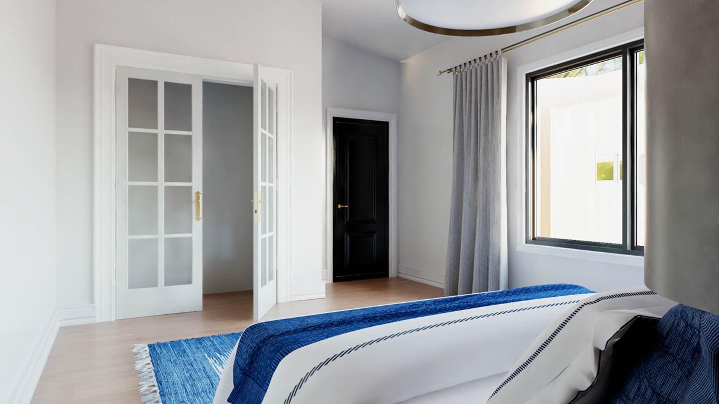 Interior view of a bedroom with white French doors, a black interior door, and a large window overlooking an exterior courtyard.