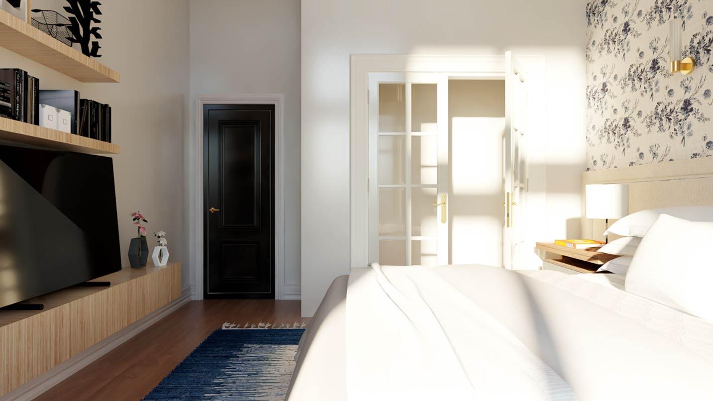Bedroom rendering with wood floor, black door, glass-paneled doors, wall art, and a bed with patterned wallpaper.