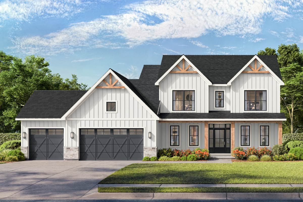 Modern Farmhouse house plan exterior with a three-car garage, gables with exposed rafter tails, and a covered front porch.