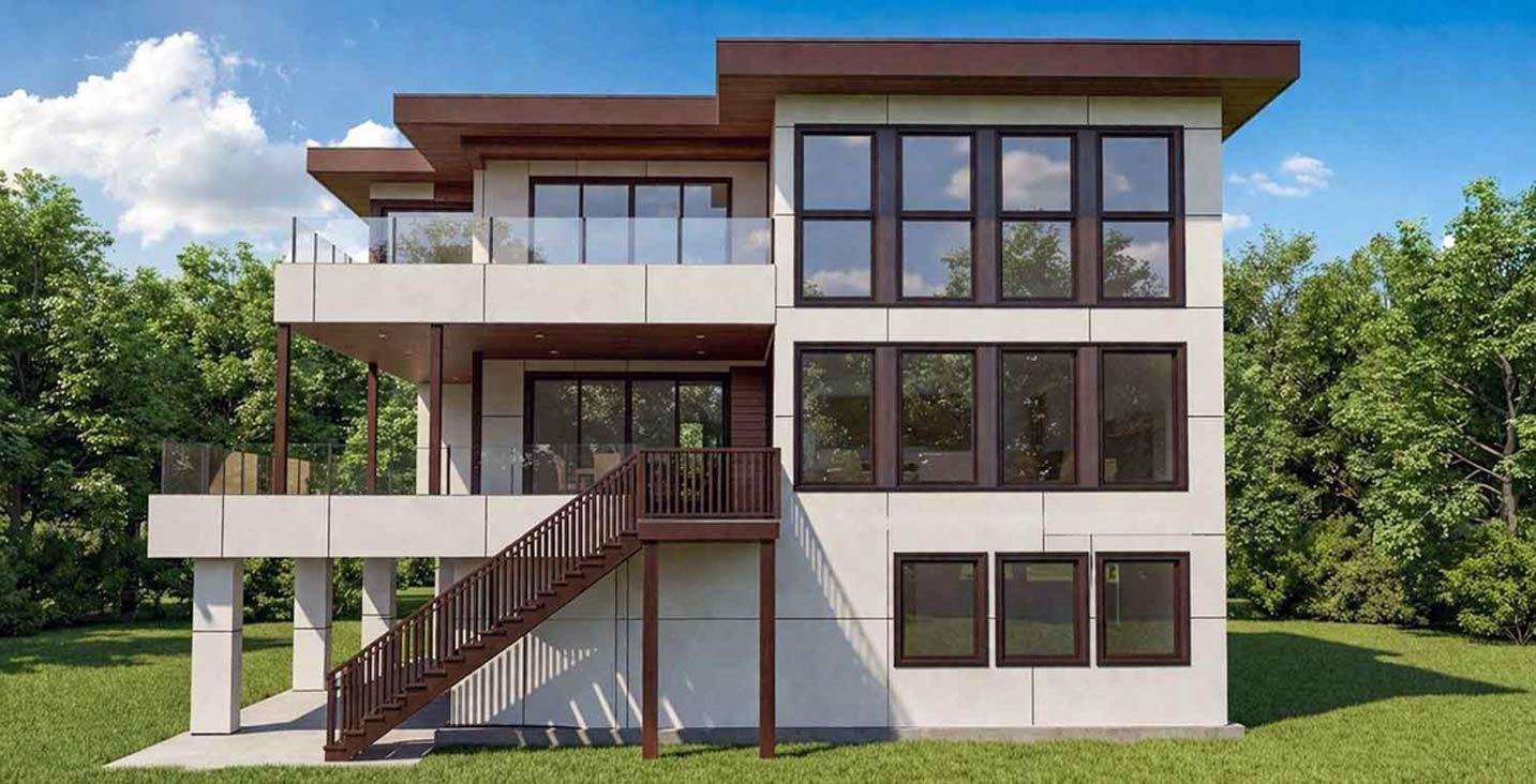 Modern house plan exterior, two stories, with layered balconies, large dark-framed windows, and a detached staircase.