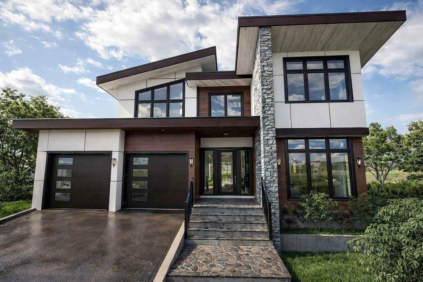 Modern house plan exterior with two-car garage, multiple gables, and stone facade.