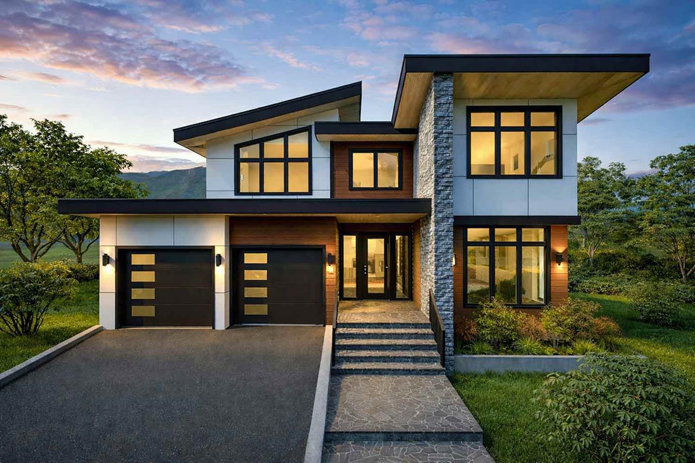 Modern two-story house plan exterior with a two-car garage, stone accents, sloped rooflines, and large windows.