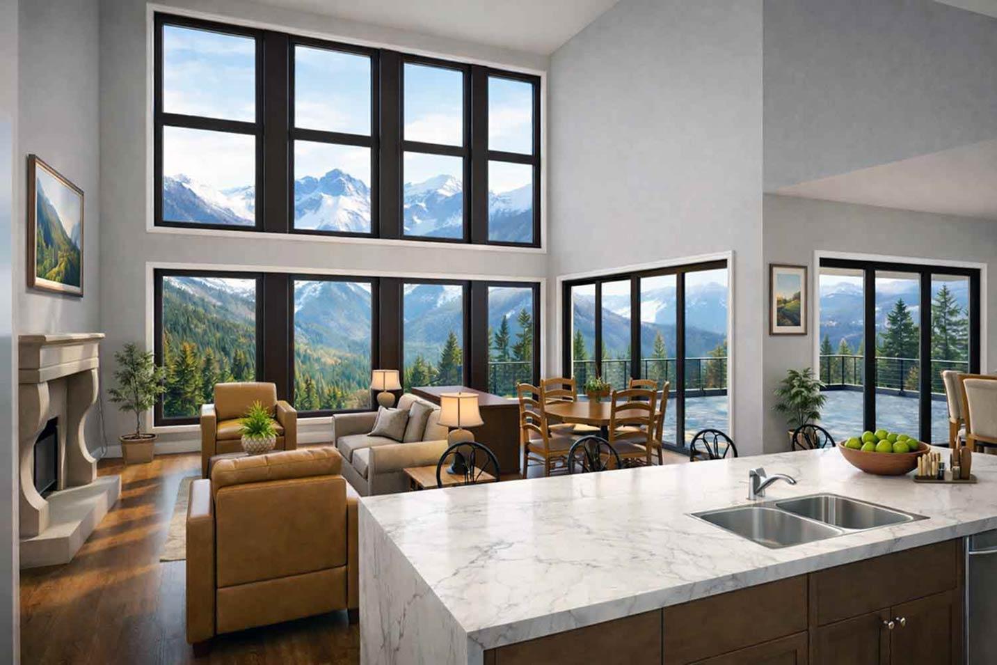 Interior rendering of a great room with vaulted ceilings, fireplace, large windows, and kitchen island.