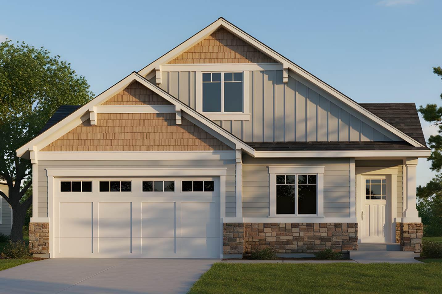 House plan exterior with a two-car garage, gable rooflines, stone and shingle accents, and a prominent front door.