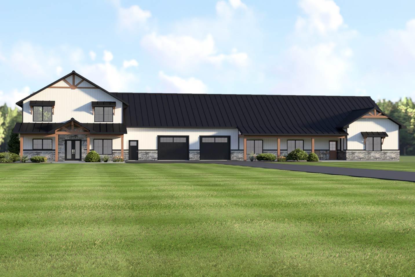 Modern Farmhouse house plan exterior with a metal roof, stone accents, and a three-car garage.