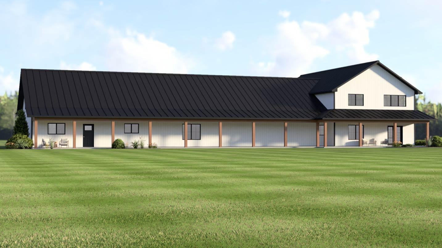 Modern Farmhouse house plan exterior with a wraparound porch, gables, and a two-story section.
