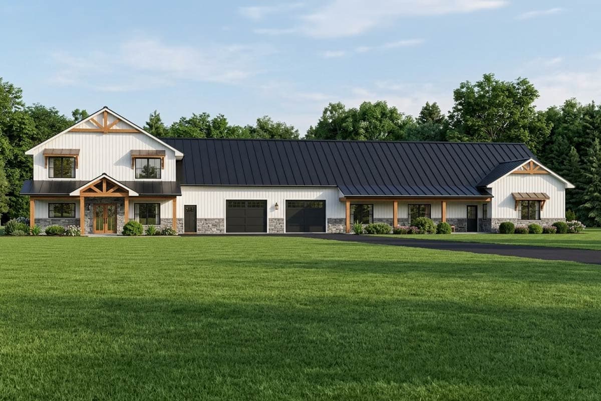 Modern Farmhouse house plan exterior with a metal roof, stone accents, and a three-car garage.