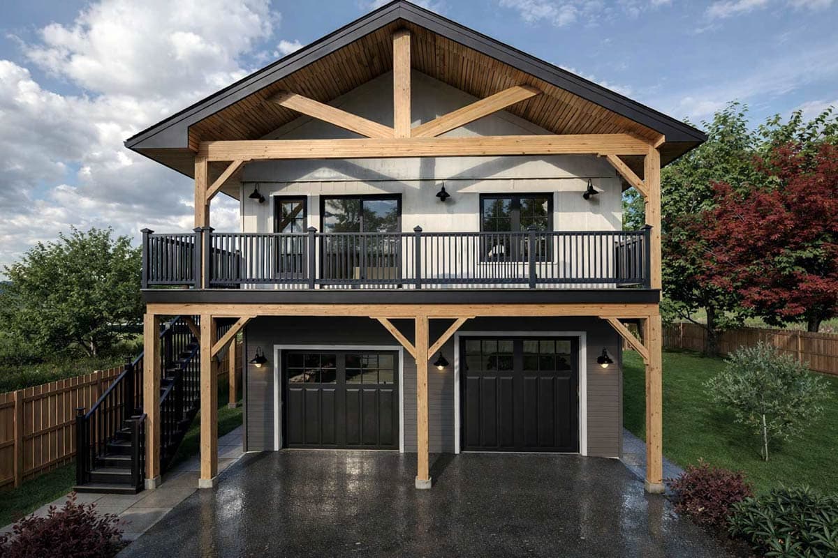 Modern house plan exterior with two-car garage, upper-level balcony, and exposed timber framing.