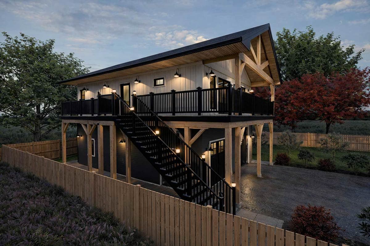 House plan exterior: Modern style, two stories, prominent central gable with exposed rafter tails, and a wraparound balcony.