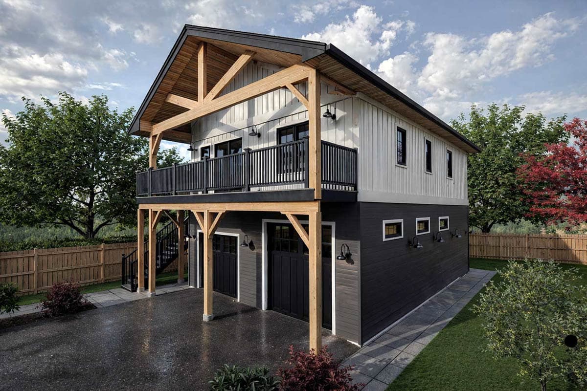 House plan exterior: Modern style, two stories, exposed timber beams, upper deck with black railing, and a three-car garage.