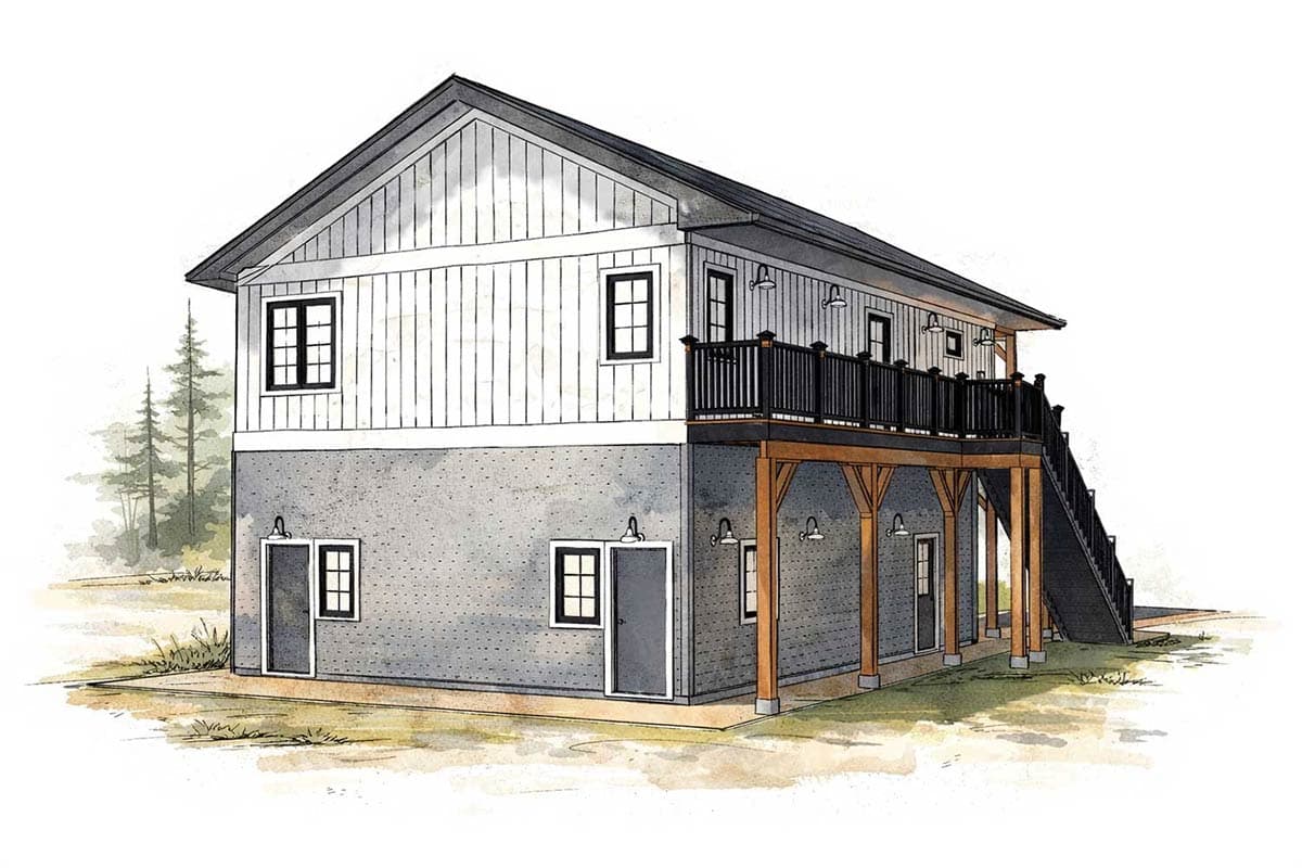 House plan exterior: Two-story Modern Farmhouse with board-and-batten siding, gabled roof, and elevated deck with stairs.