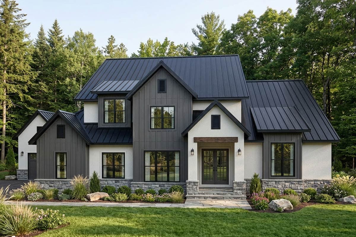 Modern Farmhouse house plan exterior with dark metal roof, stone foundation, board and batten siding, and prominent gables.