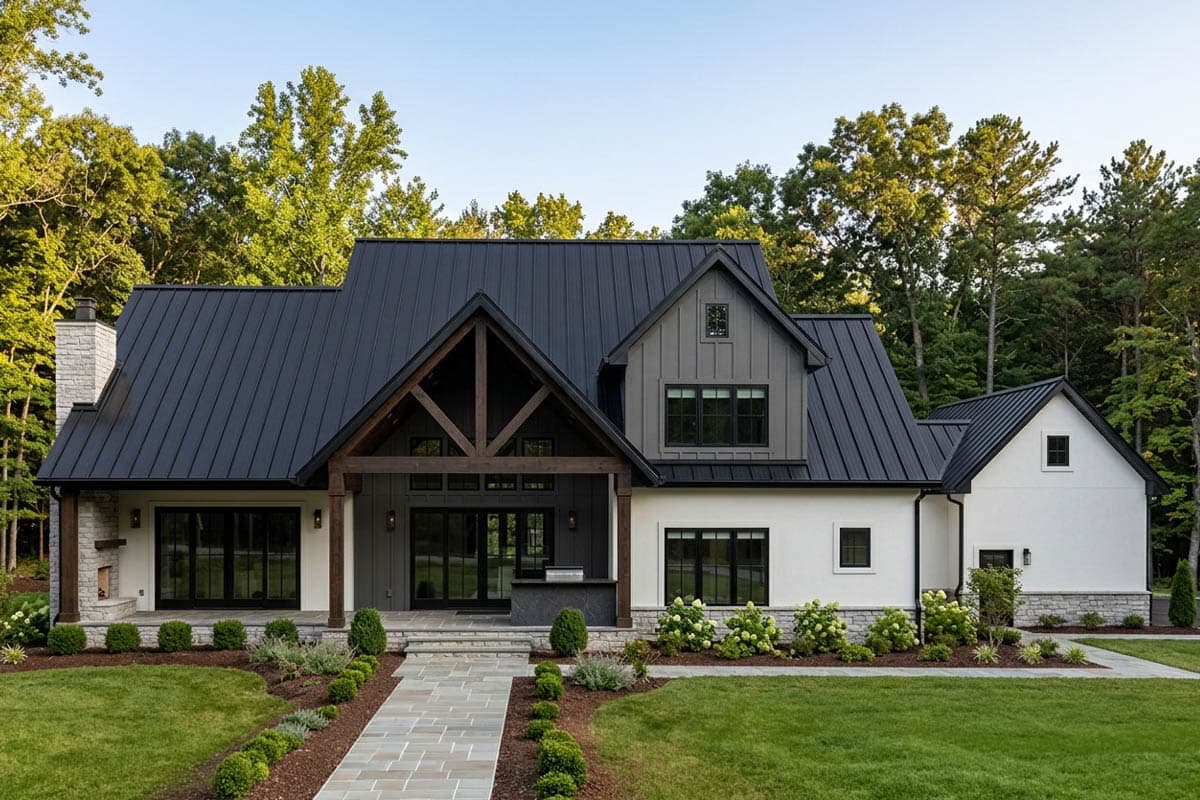 Plan 46535LA: Modern Transitional Farmhouse Plan with 4 Beds, Study, and Outdoor Kitchen - Image #3 - European, Farmhouse, New American, Transitional