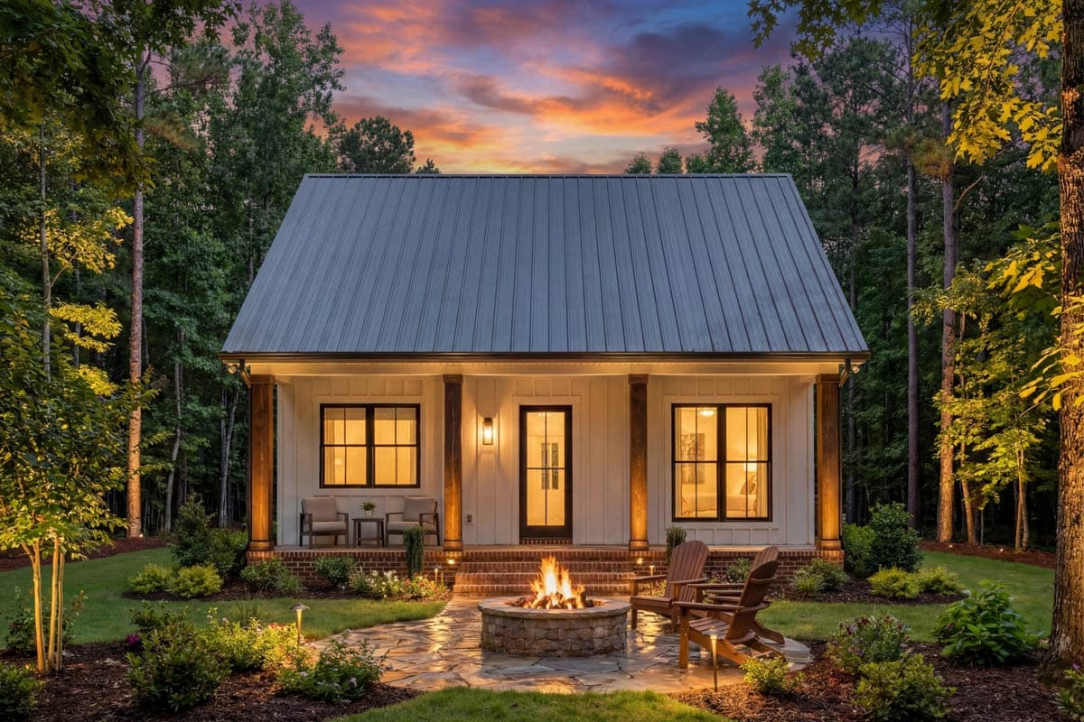 Modern Farmhouse house plan exterior: One story, metal gable roof, front porch with wood columns, brick foundation, and large windows.