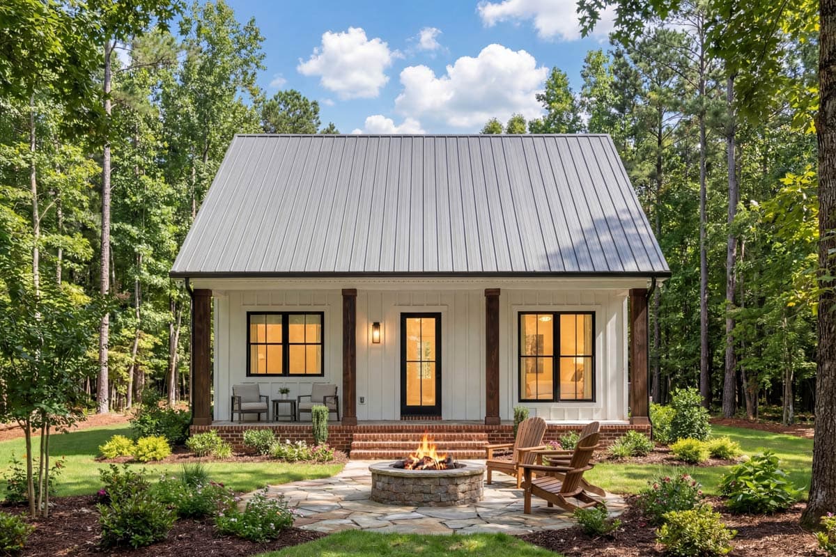 Modern Farmhouse house plan exterior with metal gable roof, two stories, covered porch with wood columns, and multiple windows.