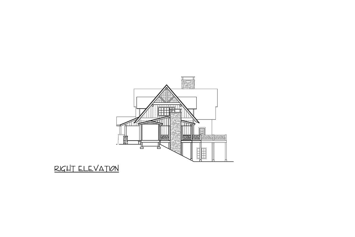 Right elevation drawing of a house plan featuring a gabled roof, stone chimney, covered porch, and deck.