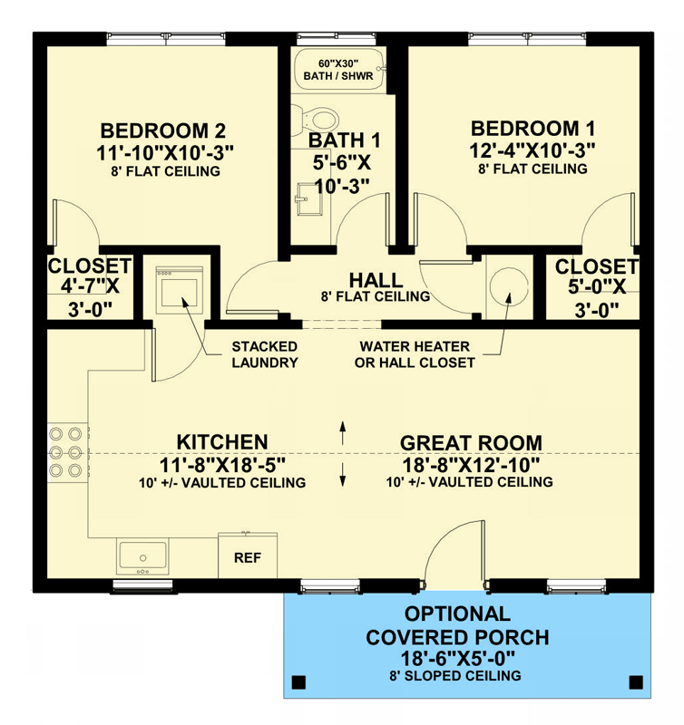 Plan 421039HFC: Charming 2-Bedroom Cottage House Plan with Vaulted Ceilings - Floor Plan - Main Level - Cabin, Cottage, Farmhouse