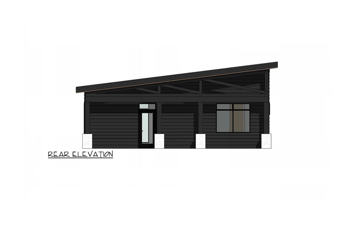 Rear elevation drawing of a modern house with a shed roof, horizontal siding, porch, and a window.